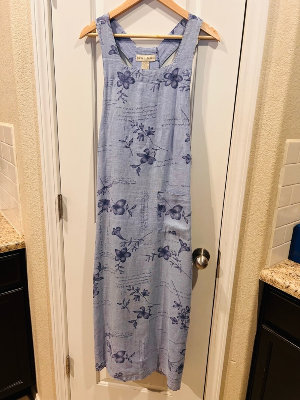 100% Linen Maxi Jumper Dress Light Blue Floral Scoop-Neck - Picture 9 of 9